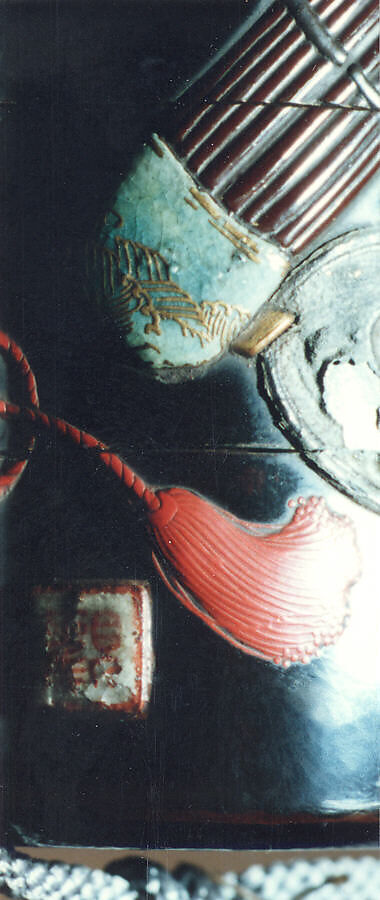 Case (Inrō) with Design of Bugaku Hat (obverseI; Shō Flute and Cymbals (reverse), Sprinkled gold lacquer with inlaid mother-of-pearl, pottery, and pewter; Interior: nashiji and fundame; Ojime: marble; Netsuke: wood with lacquer decoration of books, Japan