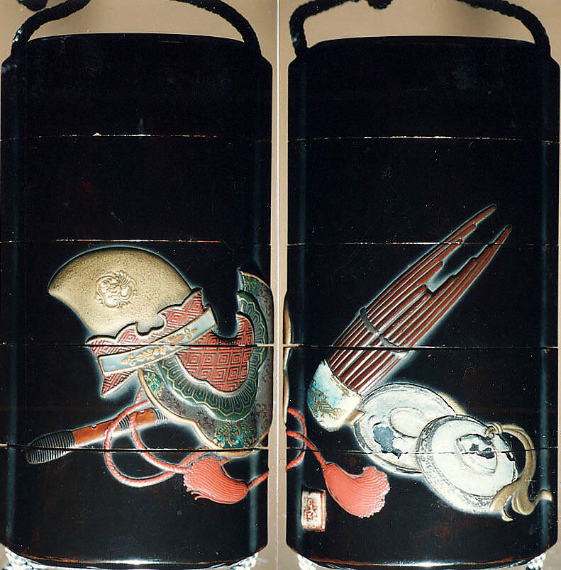 Case (Inrō) with Design of Bugaku Hat (obverseI; Shō Flute and Cymbals (reverse), Sprinkled gold lacquer with inlaid mother-of-pearl, pottery, and pewter; Interior: nashiji and fundame; Ojime: marble; Netsuke: wood with lacquer decoration of books, Japan 