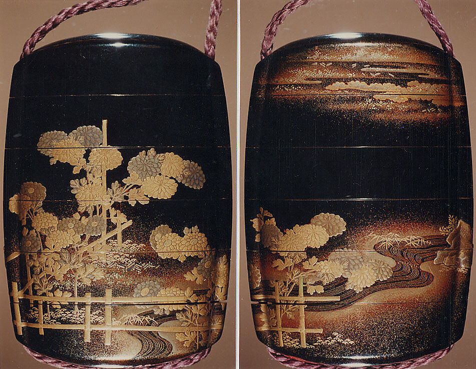 Case (Inrō) with Design of Chrysanthemums by a Stream, Sprinkled gold lacquer; Ojime: agate, Netsuke: carved wood frog on old bucket, Japan