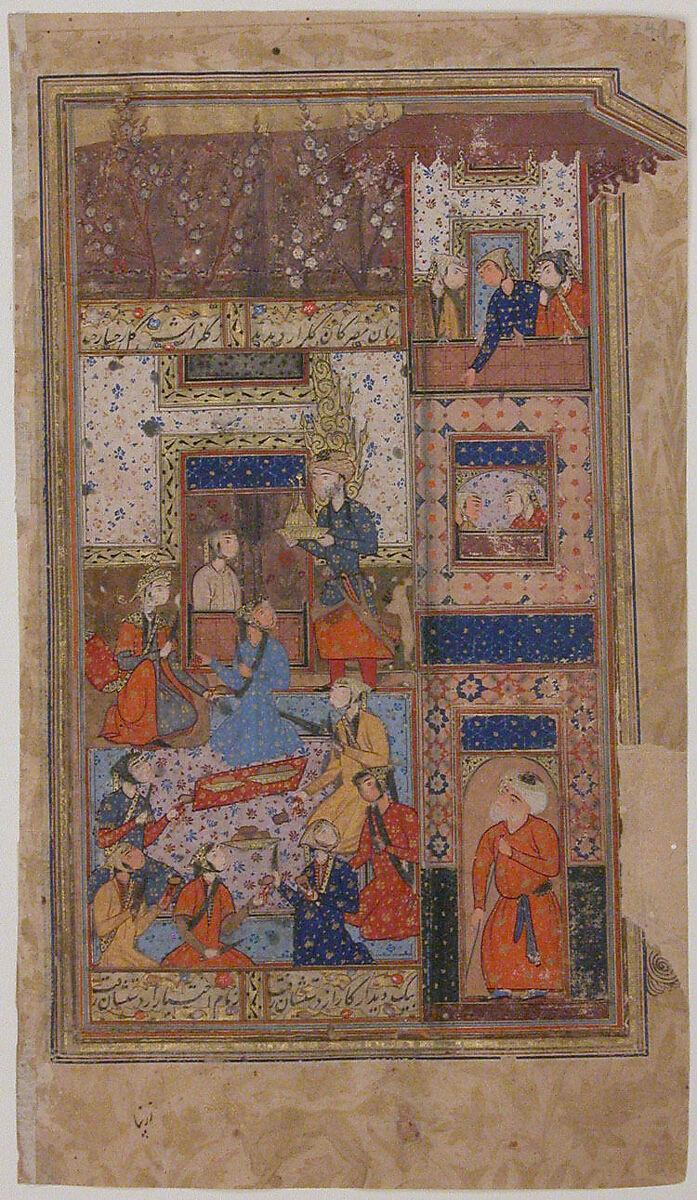 "Yusef Serves for Zulaikha at a Feast", Folio from a Yusuf and Zulaikha of Jami, Maulana Nur al-Din `Abd al-Rahman Jami (Iranian, Jam 1414–92 Herat), Opaque watercolor and gold on paper 