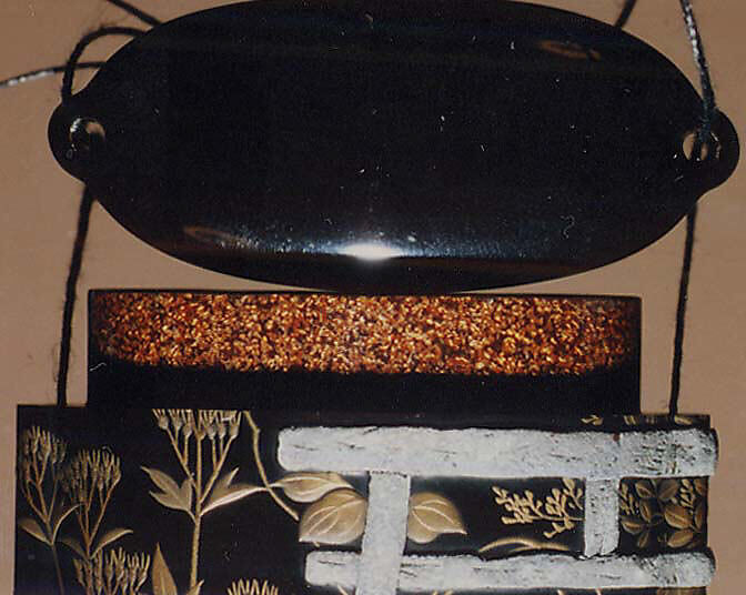 Case (Inrō) with Design of "Nonomiya" (Shrine in the Fields), from The Tale of Genji, chapter 10 (obverse);  Seven Autumn Flowers Growing beside a Torii and Fence, based on "Sakaki," a Chapter from The Tale of Genji (reverse), Sprinkled gold lacquer with inlaid mother-of-pearl, pewter,raden; Interior: nashiji and fundame, Japan 