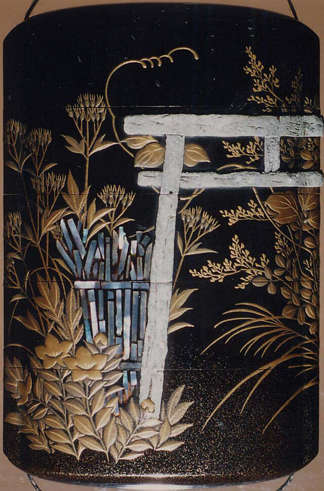 Case (Inrō) with Design of "Nonomiya" (Shrine in the Fields), from The Tale of Genji, chapter 10 (obverse);  Seven Autumn Flowers Growing beside a Torii and Fence, based on "Sakaki," a Chapter from The Tale of Genji (reverse), Sprinkled gold lacquer with inlaid mother-of-pearl, pewter,raden; Interior: nashiji and fundame, Japan