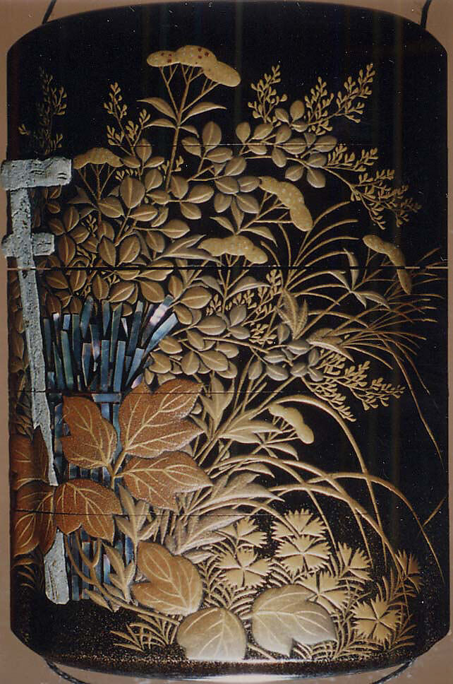 Case (Inrō) with Design of "Nonomiya" (Shrine in the Fields), from The Tale of Genji, chapter 10 (obverse);  Seven Autumn Flowers Growing beside a Torii and Fence, based on "Sakaki," a Chapter from The Tale of Genji (reverse), Sprinkled gold lacquer with inlaid mother-of-pearl, pewter,raden; Interior: nashiji and fundame, Japan