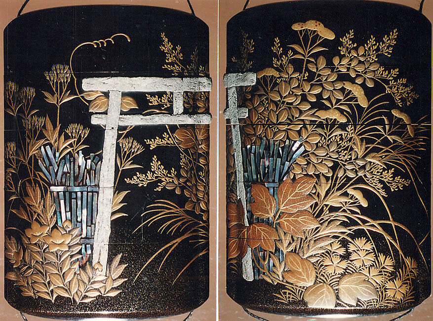 Case (Inrō) with Design of "Nonomiya" (Shrine in the Fields), from The Tale of Genji, chapter 10 (obverse);  Seven Autumn Flowers Growing beside a Torii and Fence, based on "Sakaki," a Chapter from The Tale of Genji (reverse), Sprinkled gold lacquer with inlaid mother-of-pearl, pewter,raden; Interior: nashiji and fundame, Japan