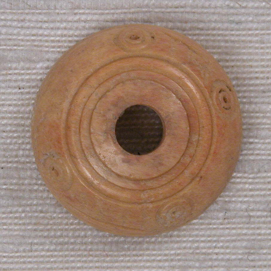 Button or Bead, Bone; tinted, incised, and inlaid with paint