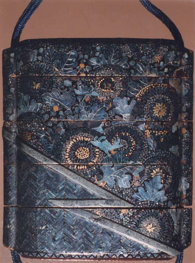 Case (Inrō) with Designs of Chrysanthemums and Bamboo-Woven Fence, Lacquer with mother-of-pearl and pewter; Interior: roiro and fundame; Ojime: gilt iron bead perforated in floral design; Netusuke: mother-of-pearl inlay, ivory, gold, and red and black lacquer in design of flying bird, Japan