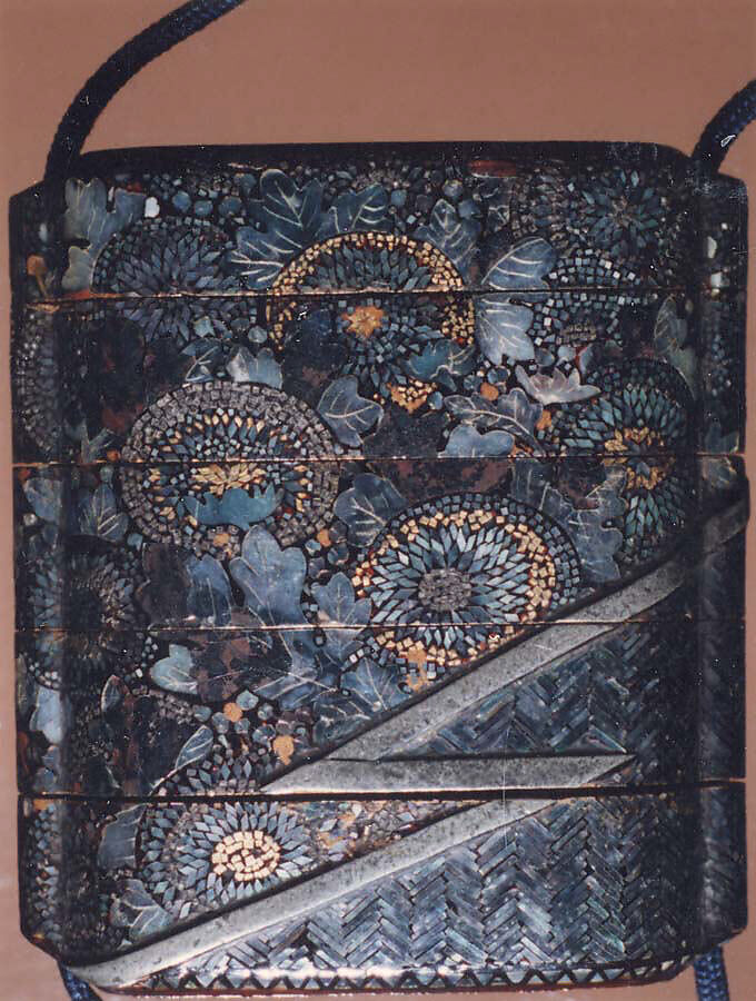 Case (Inrō) with Designs of Chrysanthemums and Bamboo-Woven Fence, Lacquer with mother-of-pearl and pewter; Interior: roiro and fundame; Ojime: gilt iron bead perforated in floral design; Netusuke: mother-of-pearl inlay, ivory, gold, and red and black lacquer in design of flying bird, Japan