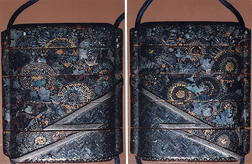 Case (Inrō) with Designs of Chrysanthemums and Bamboo-Woven Fence, Lacquer with mother-of-pearl and pewter; Interior: roiro and fundame; Ojime: gilt iron bead perforated in floral design; Netusuke: mother-of-pearl inlay, ivory, gold, and red and black lacquer in design of flying bird, Japan 