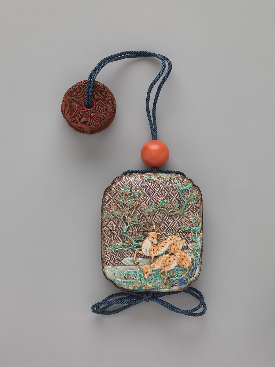 Case (Inrō) with Design of Deer and Maple Trees (obverse); Mount Fuji (reverse), Case: lacquer with pottery plaques; Fastener (ojime): coral; Toggle (netsuke): red lacquer carved with design of Chinese figure and plant, Japan
