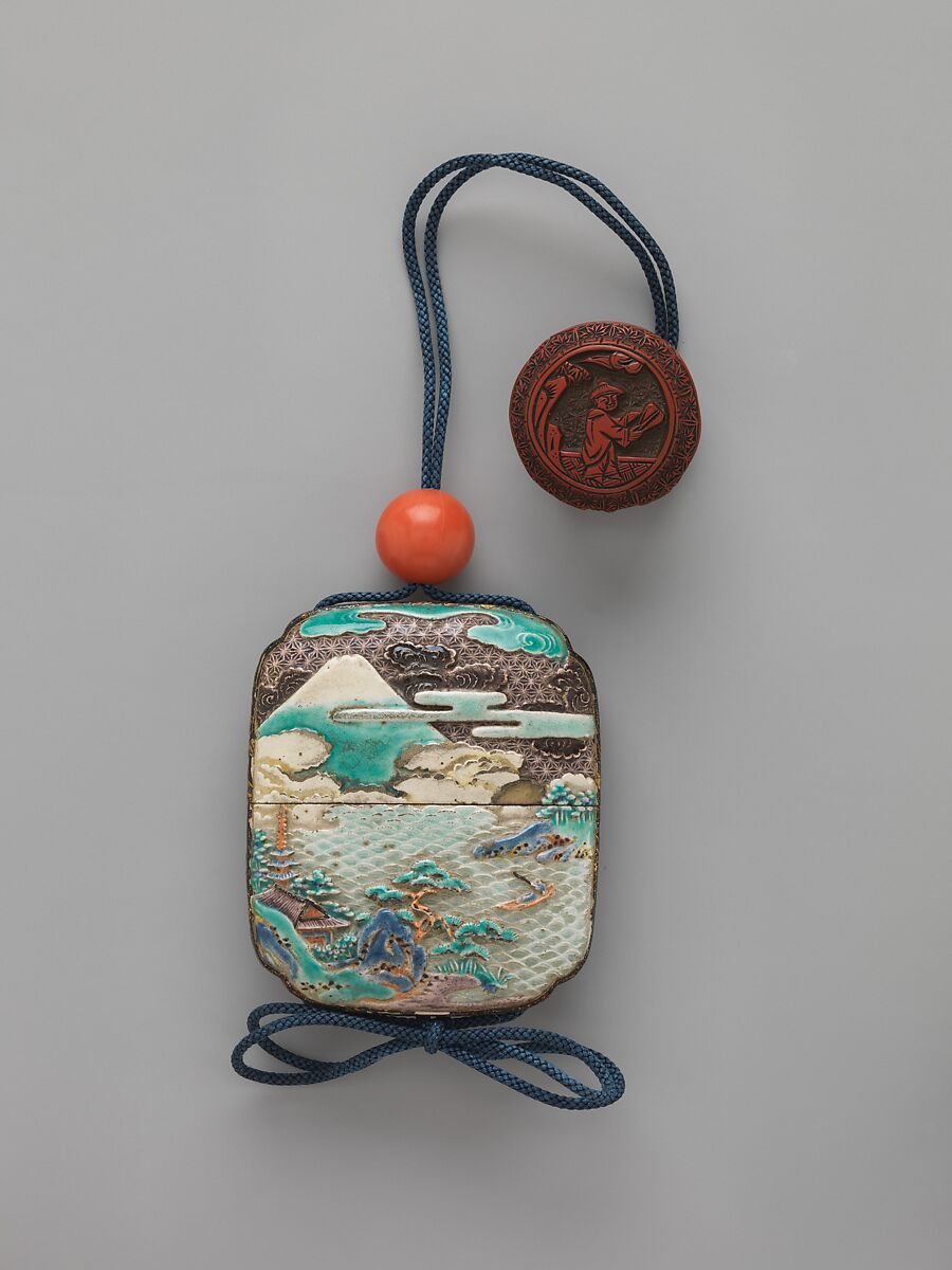 Case (Inrō) with Design of Deer and Maple Trees (obverse); Mount Fuji (reverse), Case: lacquer with pottery plaques; Fastener (ojime): coral; Toggle (netsuke): red lacquer carved with design of Chinese figure and plant, Japan 