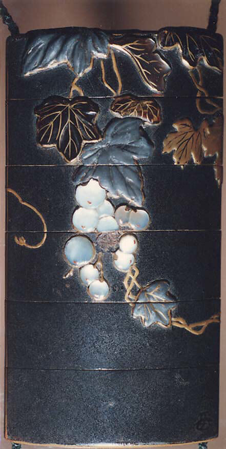 Case (Inrō) with Design of Grapevine, Case: gold and colored lacquer on black lacquer with mother-of-pearl and pewter inlays; Fastener (ojime): silver vase (signed: Tenni); Toggle: (netsuke): gold with design of cricket and dragonfly with autumn grasses, Japan