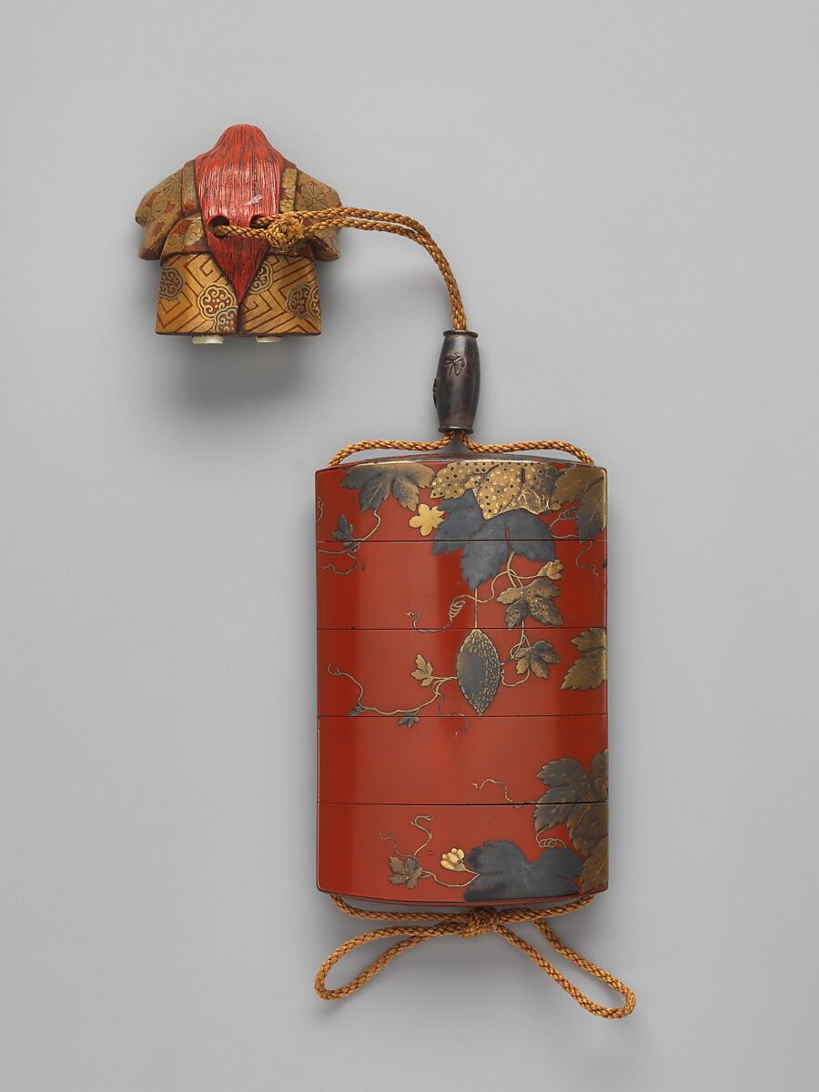 Case (Inrō ) with Design of a Gourd Vine, Koma Yasutada (Japanese), Case: gold, colored lacquer, gold leaf, and gold foil on red lacquer; Fastener (ojime): metal with design of flowers and insects; Toggle (netsuke): ivory and lacquer carved in the shape of a Noh dancer, Japan