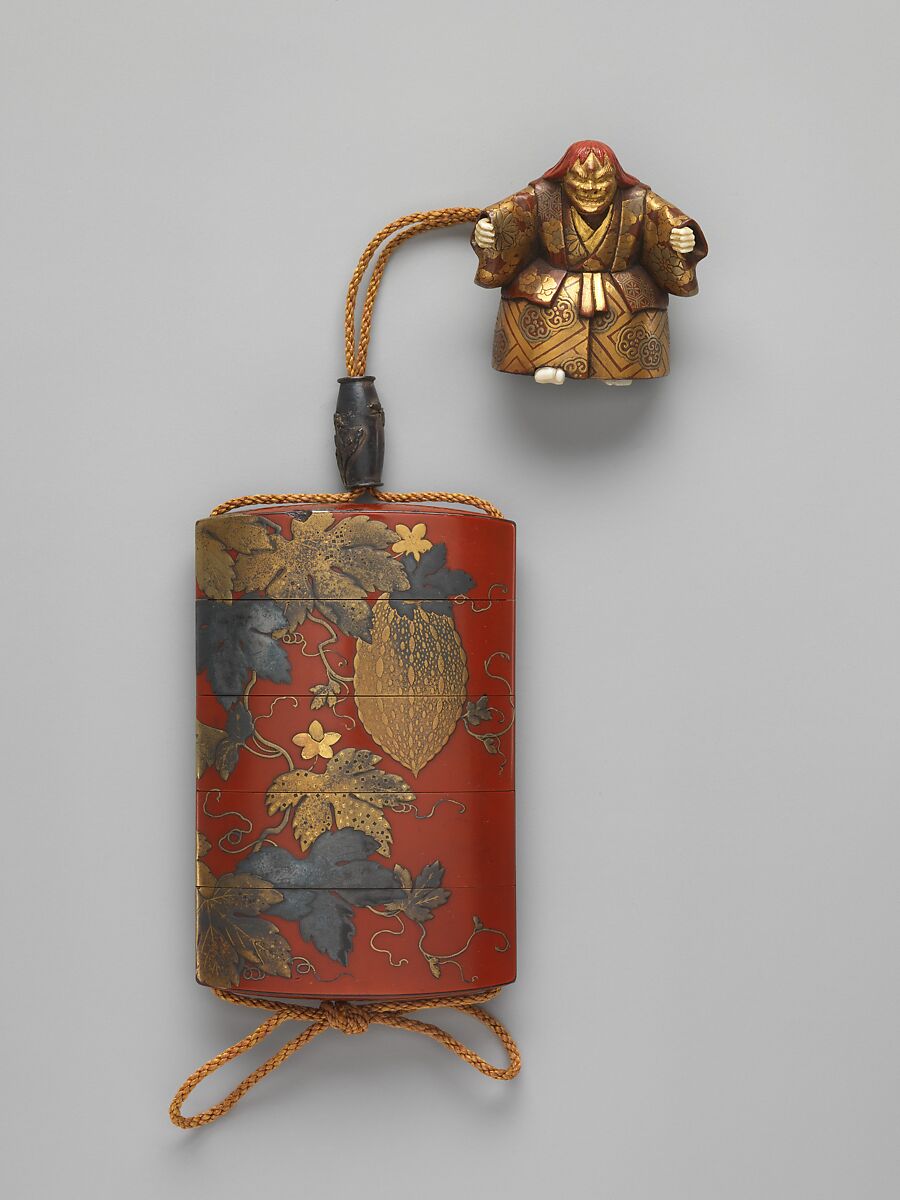 Case (Inrō ) with Design of a Gourd Vine, Koma Yasutada (Japanese), Case: gold, colored lacquer, gold leaf, and gold foil on red lacquer; Fastener (ojime): metal with design of flowers and insects; Toggle (netsuke): ivory and lacquer carved in the shape of a Noh dancer, Japan 