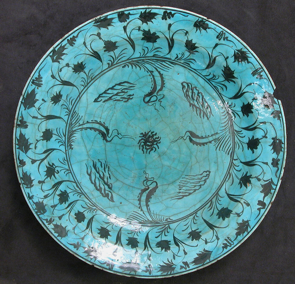 Plate, Stonepaste; painted in black under turquoise glaze 