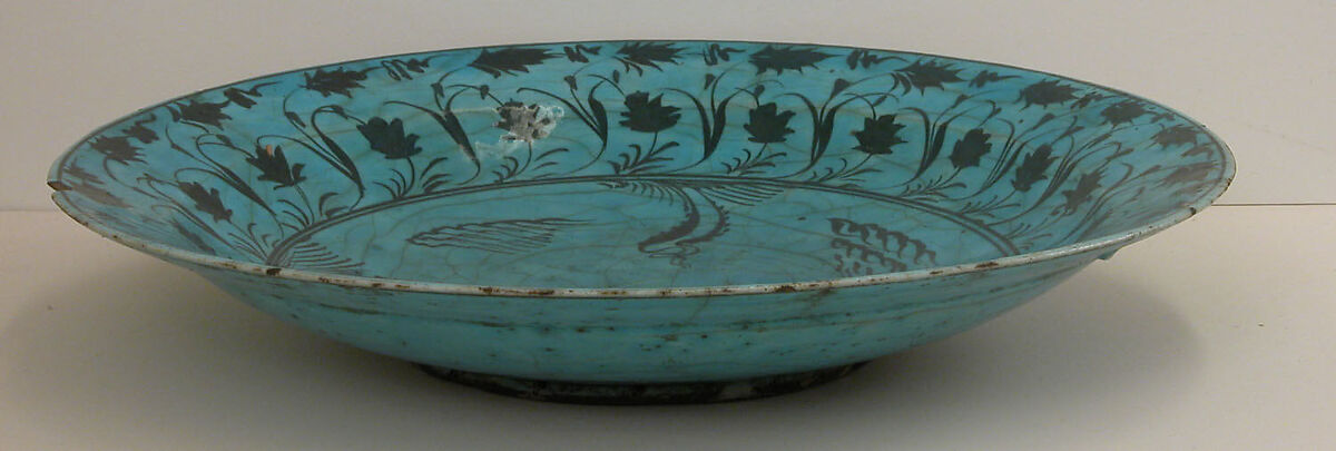 Plate, Stonepaste; painted in black under turquoise glaze