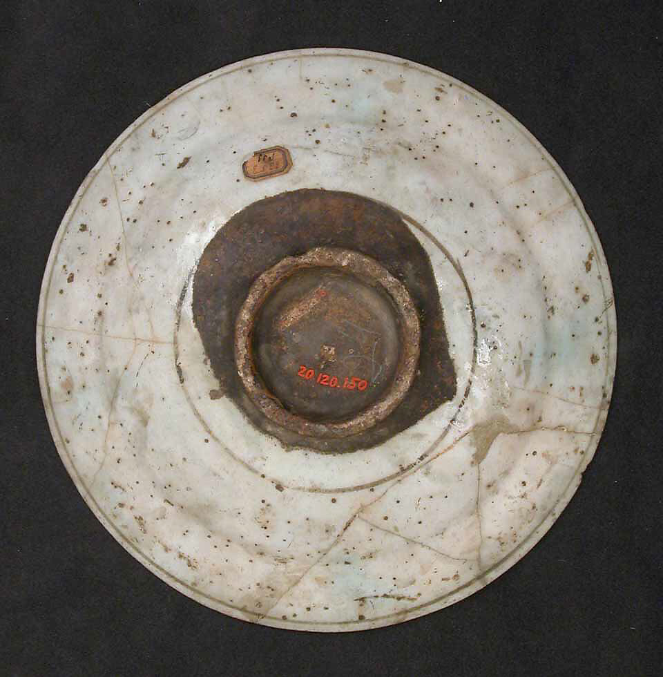 Dish, Stonepaste; underglaze painted in black, blue, and green with red and yellow slips