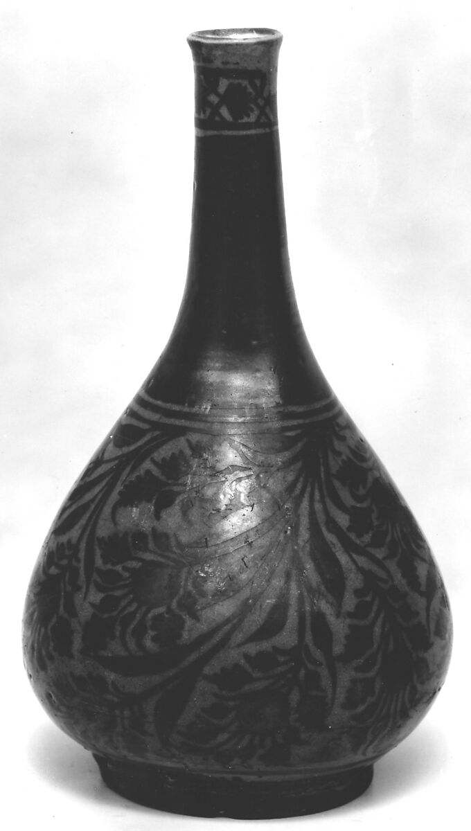 Bottle, Stonepaste; luster-painted on opaque blue glaze under transparent colorless glaze