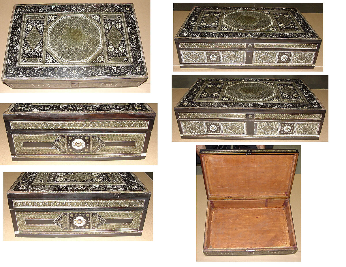 Writing Box, Wood; veneered with ebony, inlaid with ivory and bone (partially stained), brass (sadeli technique)