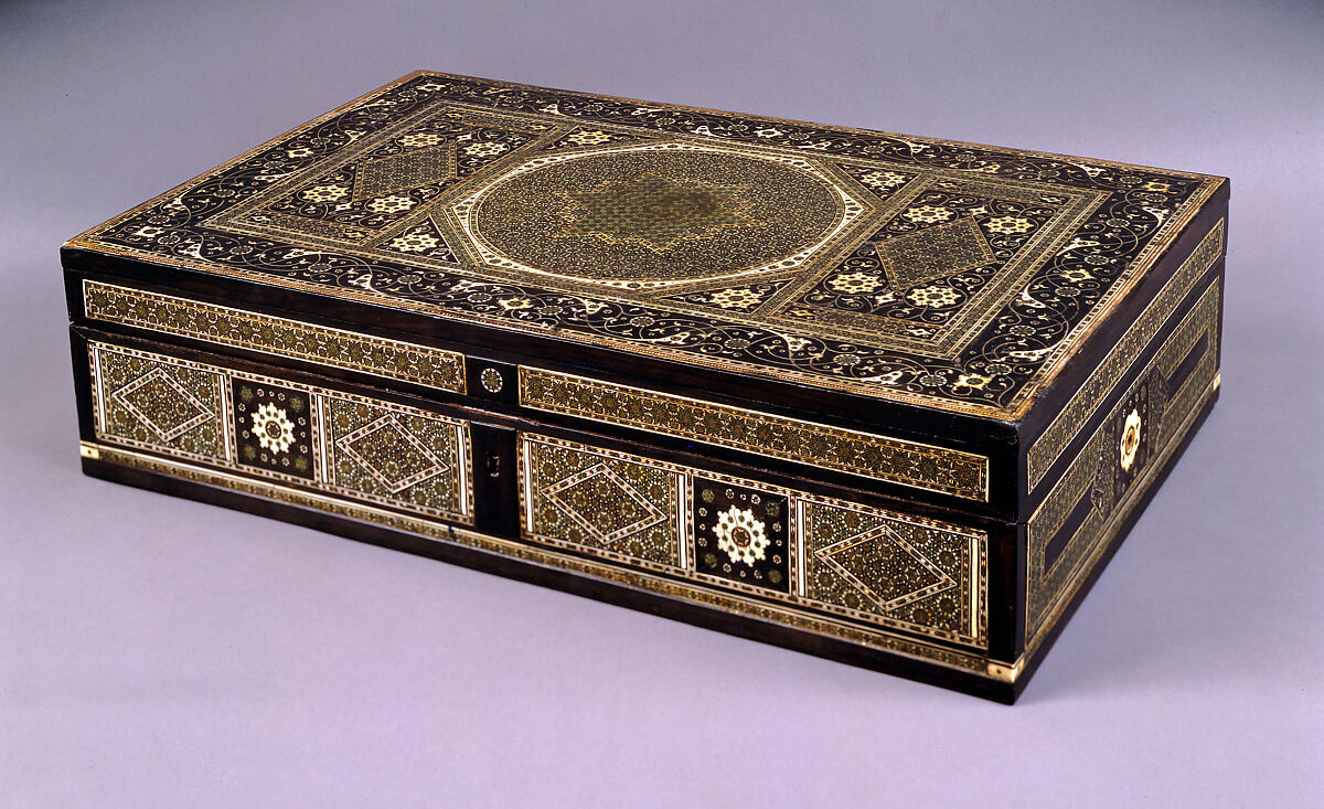 Writing Box, Wood; veneered with ebony, inlaid with ivory and bone (partially stained), brass (sadeli technique)