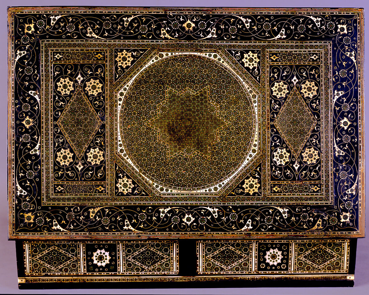 Writing Box, Wood; veneered with ebony, inlaid with ivory and bone (partially stained), brass (sadeli technique)
