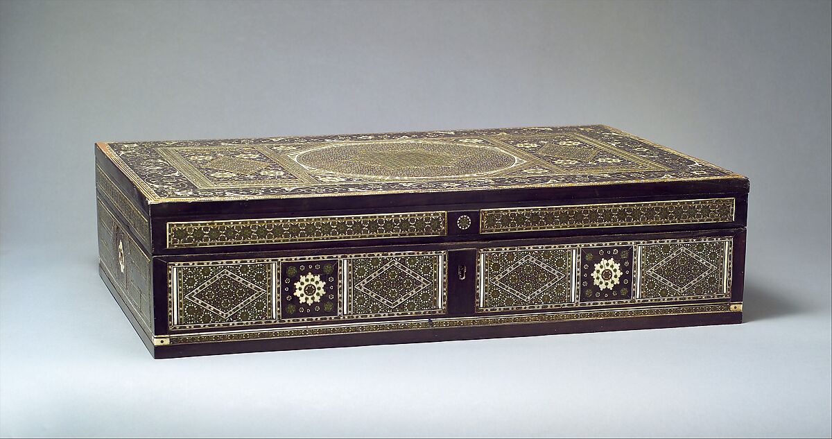 Writing Box, Wood; veneered with ebony, inlaid with ivory and bone (partially stained), brass (sadeli technique) 