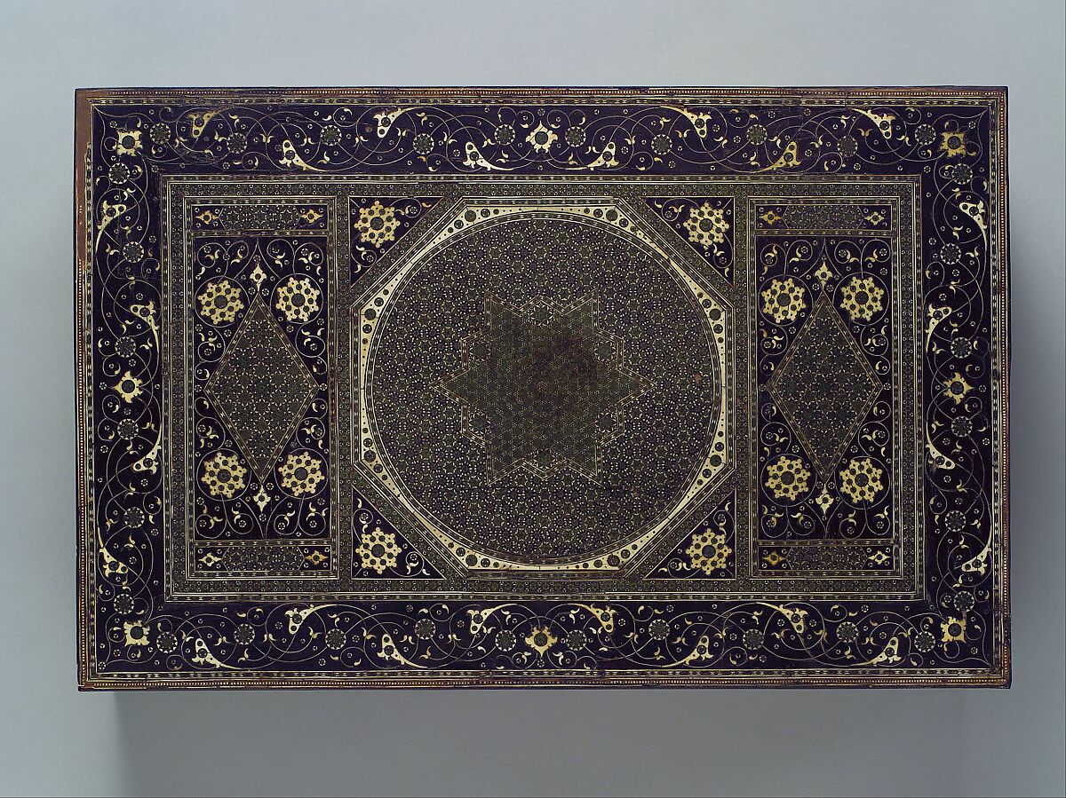 Writing Box, Wood; veneered with ebony, inlaid with ivory and bone (partially stained), brass (sadeli technique)