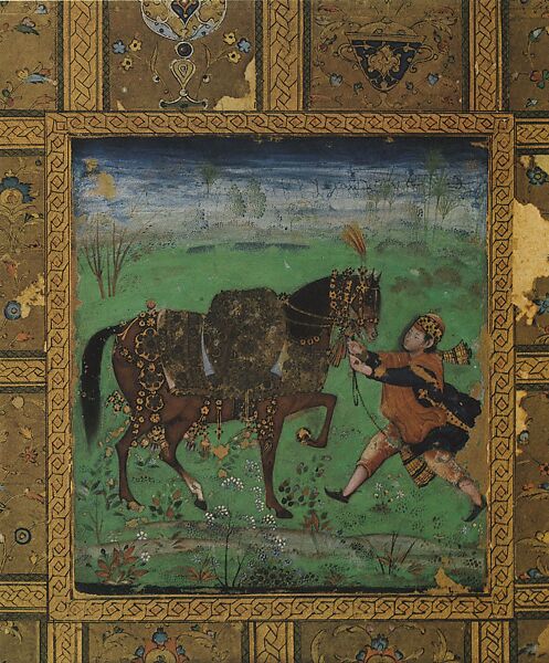 Horse and Groom, Attributed to Farrukh Husain, Ink, opaque watercolor and gold on paper