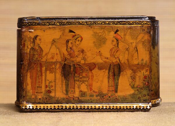 Casket with Painted Scenes, Painting by Rahim Deccani, Papier-mâché, painted and varnished, with pierced ivory base moulding