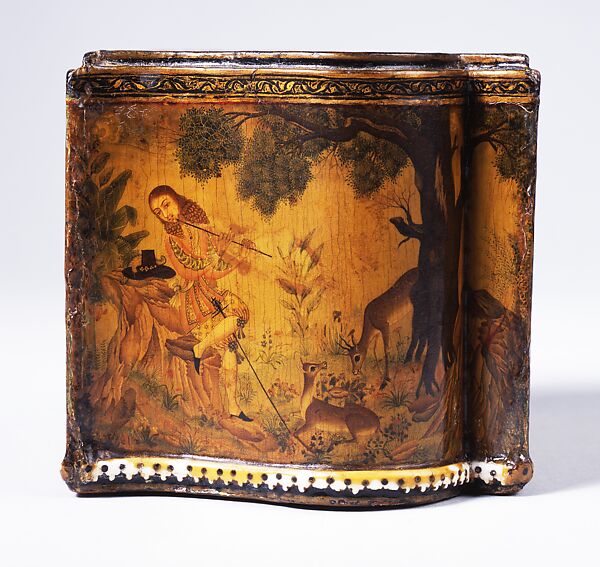 Casket with Painted Scenes, Painting by Rahim Deccani, Papier-mâché, painted and varnished, with pierced ivory base moulding