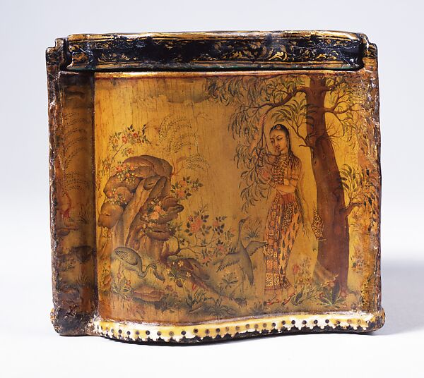 Casket with Painted Scenes, Painting by Rahim Deccani, Papier-mâché, painted and varnished, with pierced ivory base moulding