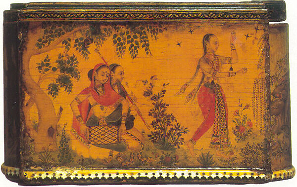Casket with Painted Scenes, Painting by Rahim Deccani, Papier-mâché, painted and varnished, with pierced ivory base moulding
