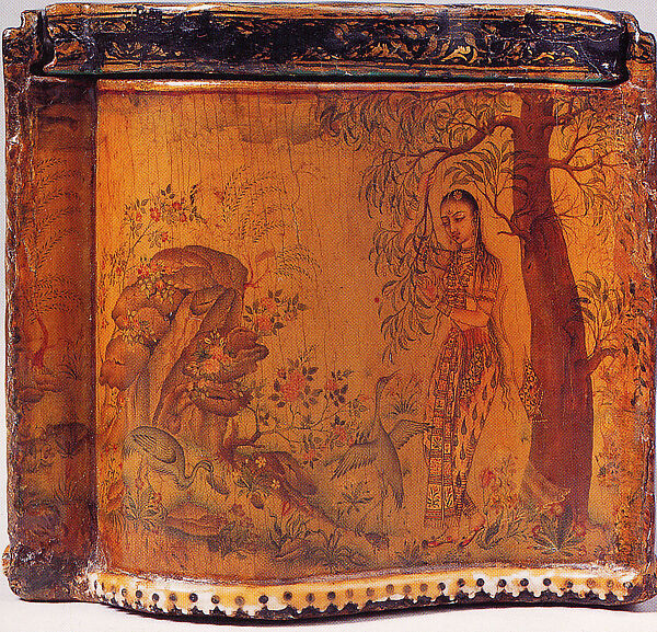 Casket with Painted Scenes, Painting by Rahim Deccani, Papier-mâché, painted and varnished, with pierced ivory base moulding