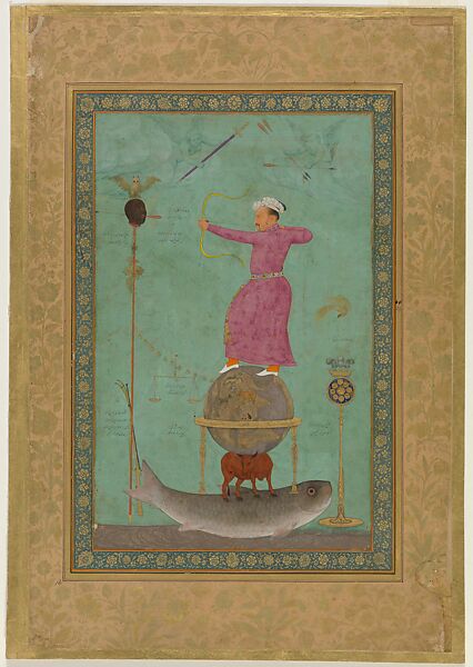 "Jahangir Shoots Malik Ambar," Folio from the Minto Album, Painting by Abu'l Hasan (Indian, born ca. 1588/89, active 1600–1628), Ink, opaque watercolor, and gold on paper