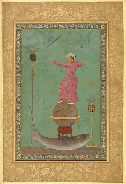 "Jahangir Shoots Malik Ambar," Folio from the Minto Album, Painting by Abu&#39;l Hasan (Indian, born ca. 1588/89, active 1600–1628), Ink, opaque watercolor, and gold on paper 