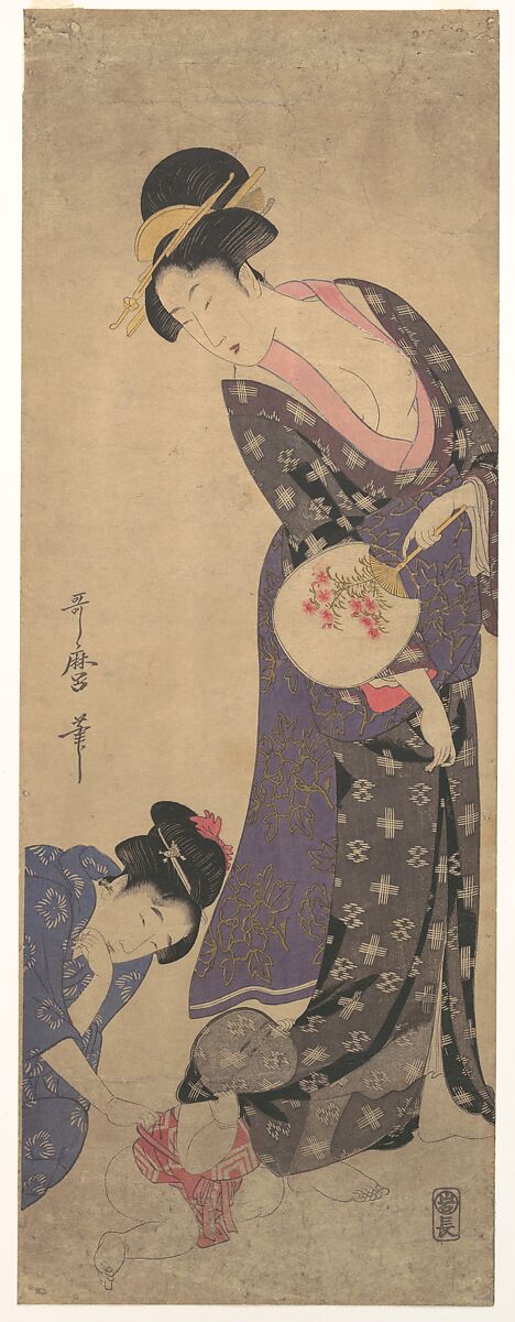 Two Women with a Baby who is Playing on the Floor, Kitagawa Utamaro (Japanese, ca. 1754–1806), Woodblock print; ink and color on paper, Japan 