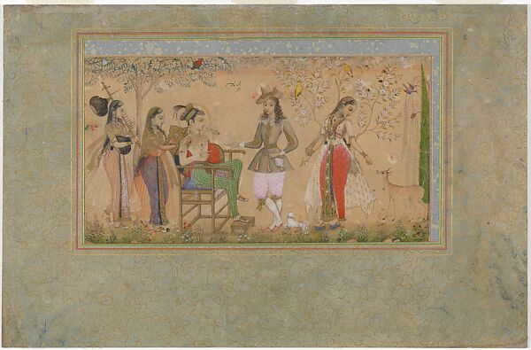 Prince seated in a garden with ladies, Painting by Rahim Deccani, Ink, opaque watercolor, and gold on paper 