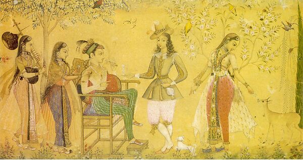 Prince seated in a garden with ladies, Painting by Rahim Deccani, Ink, opaque watercolor, and gold on paper