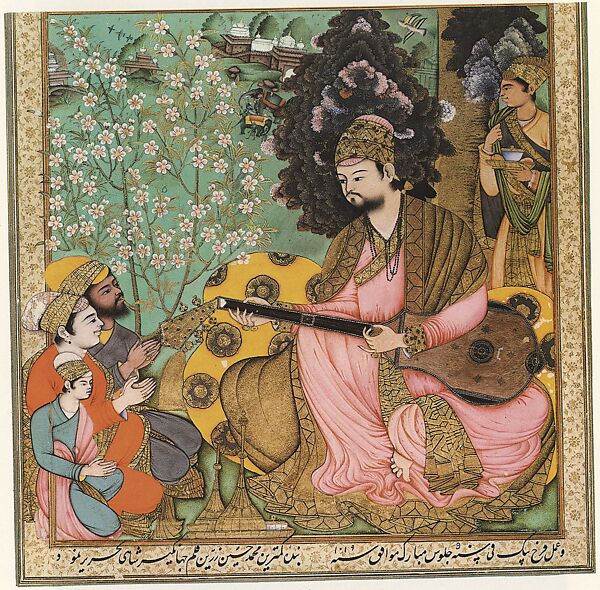Sultan Ibrahim `Adil Shah II Playing the Tambur, Ascribed to Farrukh Beg in an inscription written by Muhammad Hussain Zarin Qalam, Ink, opaque watercolor, and gold on paper