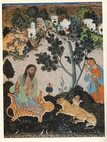 Ascetic Visited by a Yogini, Attributed to the Dublin painter, Ink, opaque watercolor, and gold on paper