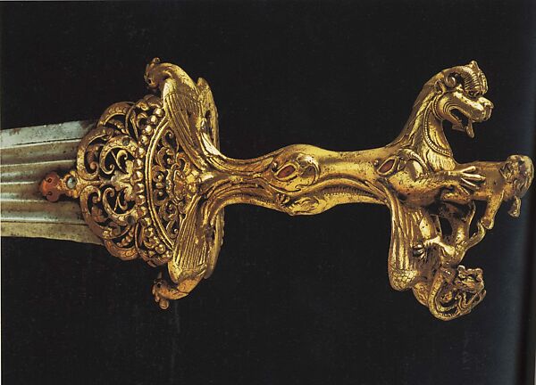 Dagger with a Zoomorphic Hilt, Hilt: gilded bronze set with rubies
Blade: Watered steel