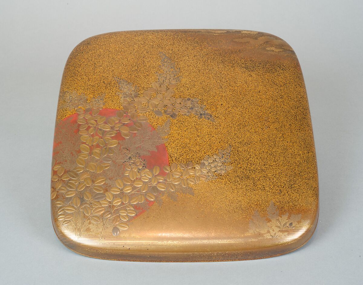 Writing Box with Design of Flowering Bush Clover and Sun, Gold, silver togidashimaki-e, hiramaki-e, takamaki-e, cut-out gold foil application, Japan