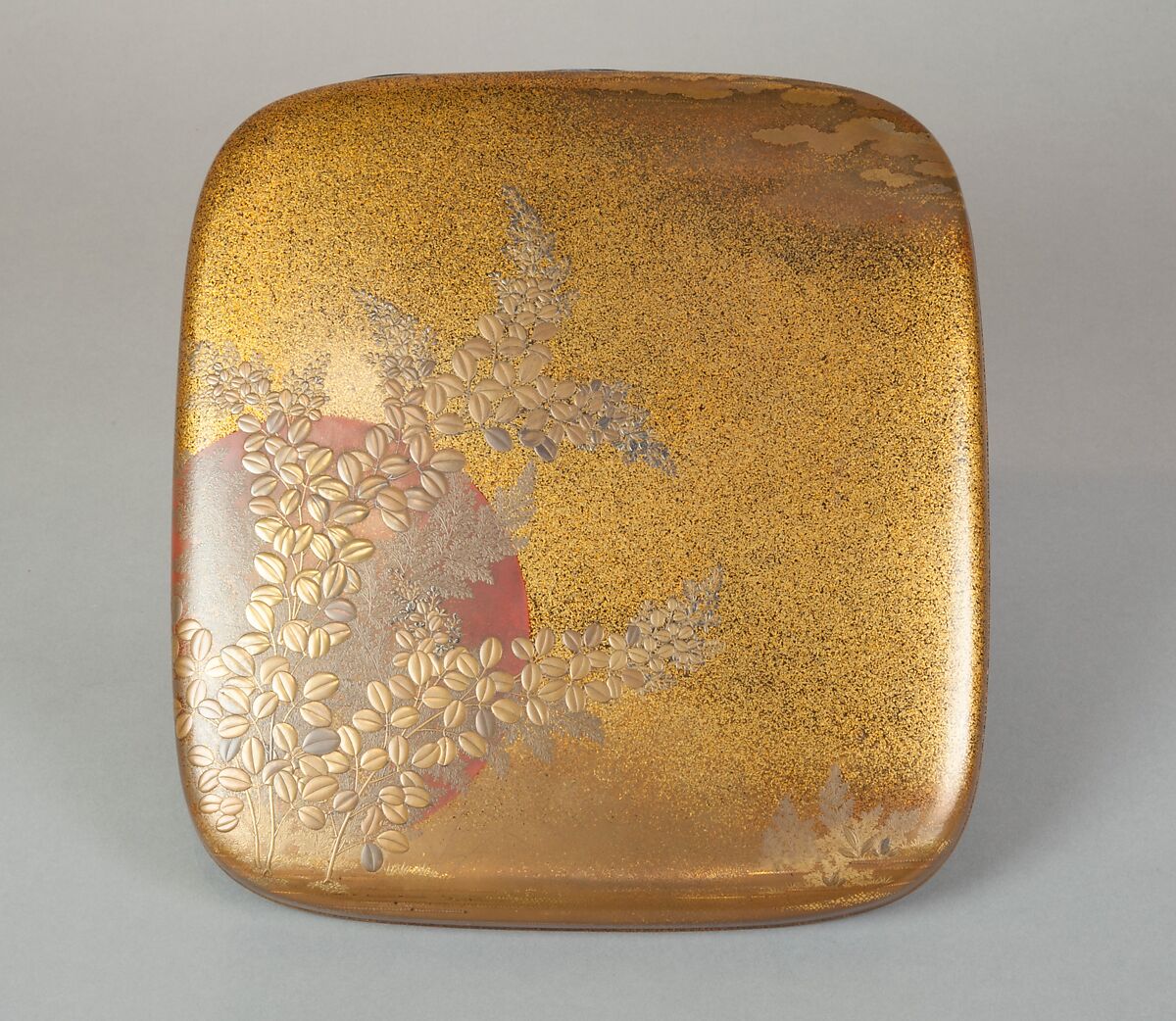 Writing Box with Design of Flowering Bush Clover and Sun, Gold, silver togidashimaki-e, hiramaki-e, takamaki-e, cut-out gold foil application, Japan