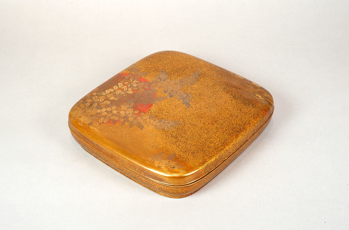 Writing Box with Design of Flowering Bush Clover and Sun, Gold, silver togidashimaki-e, hiramaki-e, takamaki-e, cut-out gold foil application, Japan 