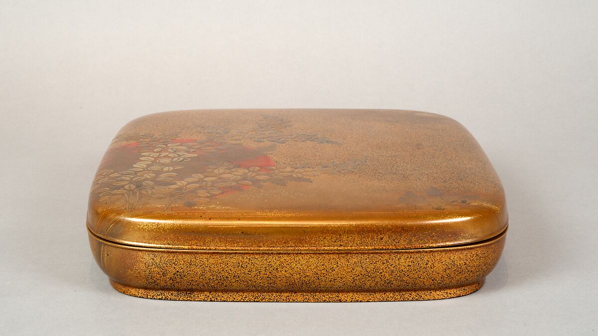 Writing Box with Design of Flowering Bush Clover and Sun, Gold, silver togidashimaki-e, hiramaki-e, takamaki-e, cut-out gold foil application, Japan
