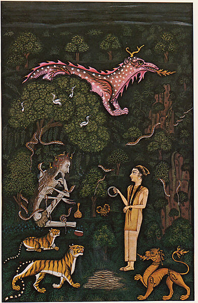 "Manohar Meets a Dervish in the Forest," Folio from a Gulshan-i 'Ishq (Flower Garden of Love), Ink, opaque watercolor, and gold on paper