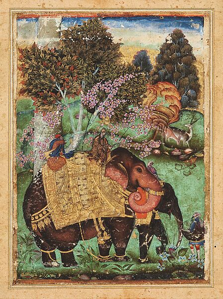 Sultan Ibrahim 'Adil Shah II Riding an Elephant, Attributed to Farrukh Husain, Ink, opaque watercolor and gold on paper 