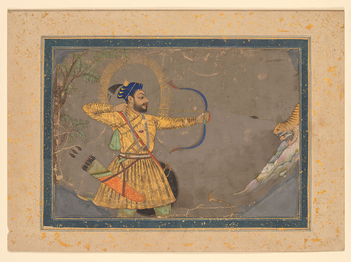 Sultan ‘Ali ‘Adil Shah II Slays a Tiger, Bombay Painter (probably Abdul Hamid Naqqash), Ink, opaque watercolor, gold, and probably lapis-lazuli pigment on paper