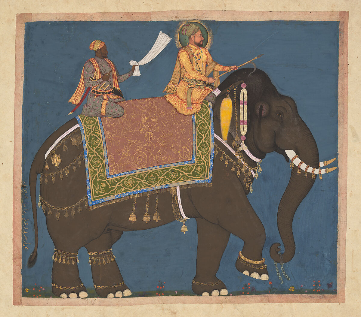 Sultan Muhammad 'Adil Shah and Ikhlas Khan Riding an Elephant, Haidar 'Ali  Indian, Ink, opaque watercolor, and gold on paper
