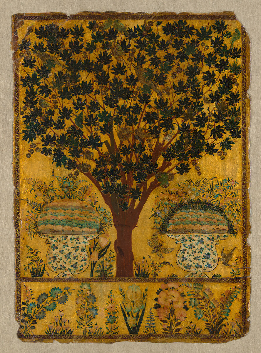 Book Cover with Tree, Birds, and Insects, Lacquer, opaque watercolor, and gold on leather