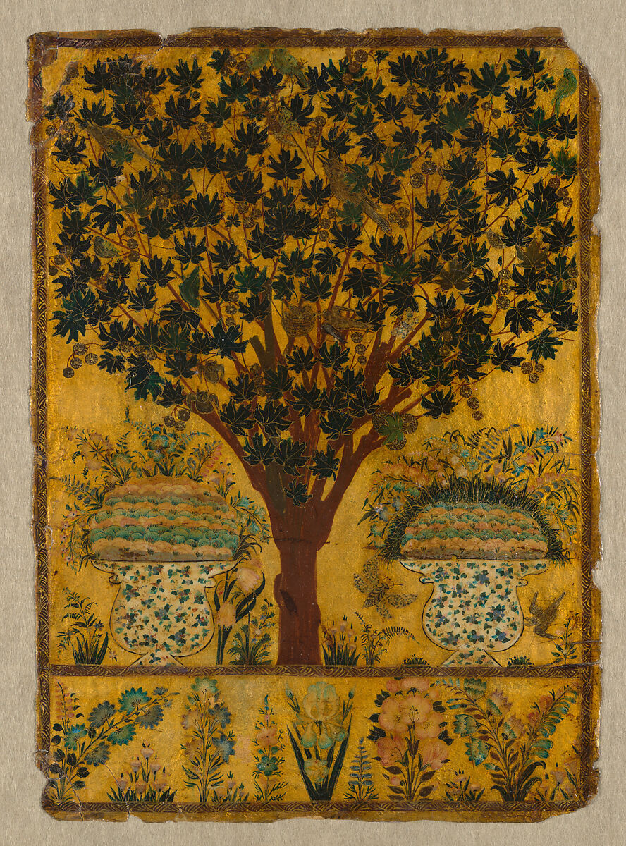 Book Cover with Tree, Birds, and Insects, Lacquer, opaque watercolor, and gold on leather 